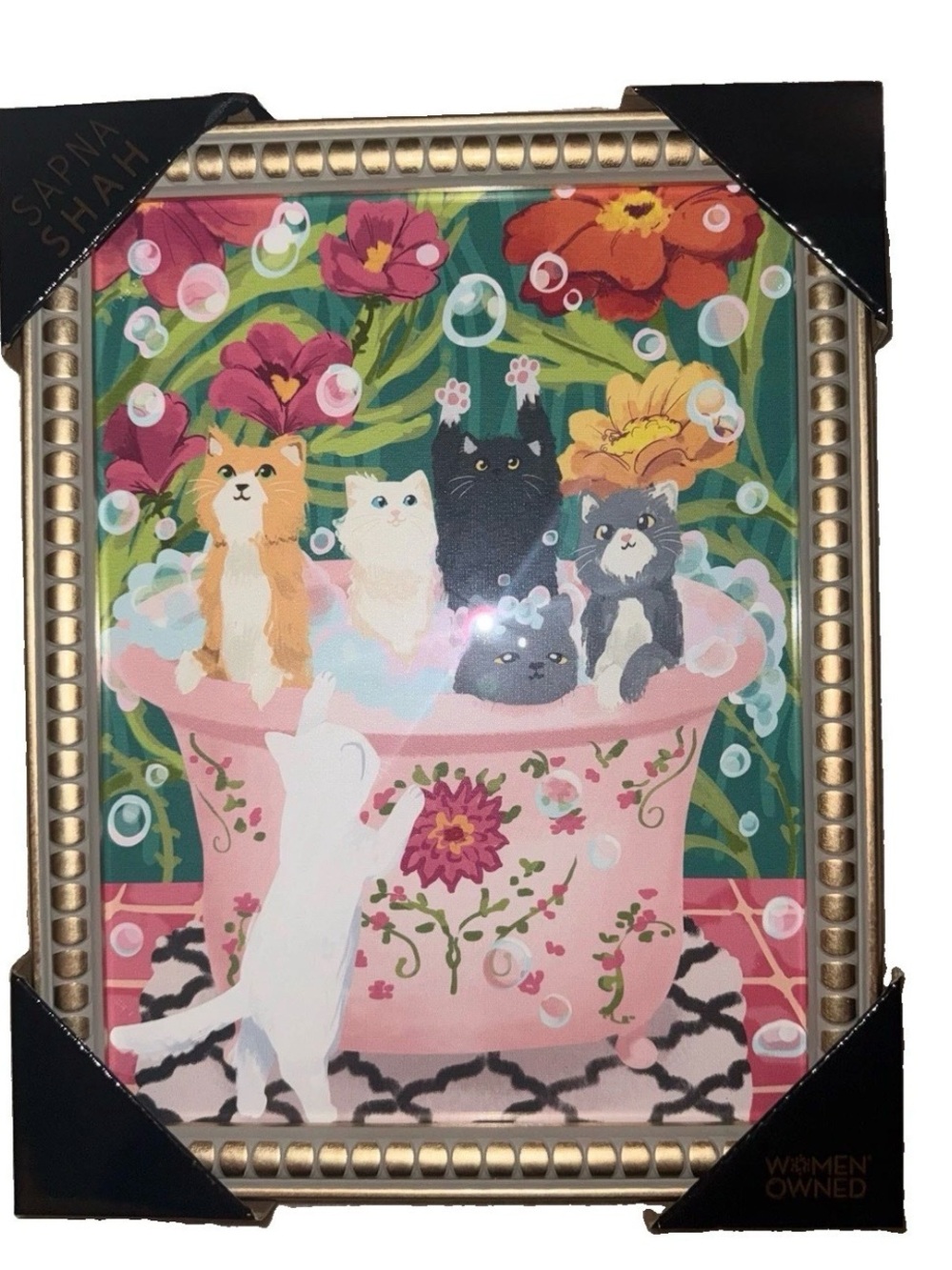 Sapna Shah unique Whimsical Floral Cats Tub Framed Print Wall Art - Pink & Green